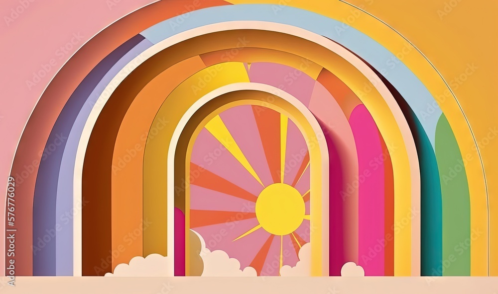  a rainbow colored arch with a sun in the middle of the arch and clouds below it, with a pink sky an