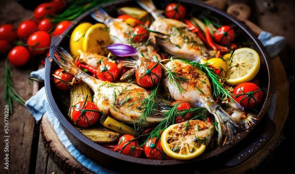  a pan filled with grilled chicken and vegetables on a wooden table next to tomatoes, lemons, onions