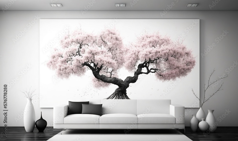  a living room with a white couch and a painting on the wall of a tree with pink flowers on it and v