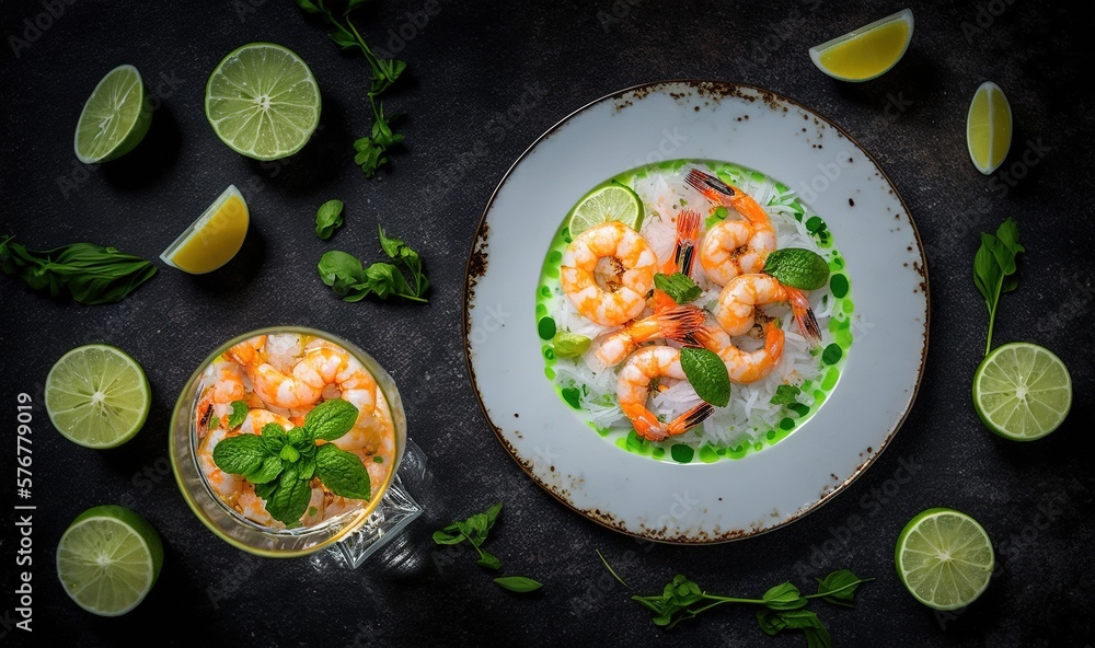  a plate of shrimp and rice with limes and mint garnish on a black table with a glass of water and l