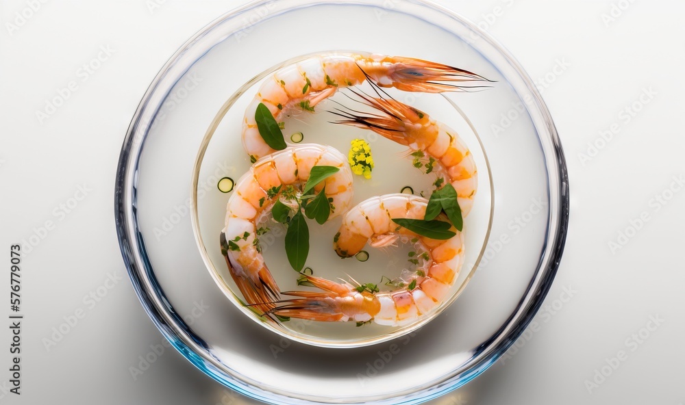  a plate of food with shrimp and greens on top of a white table top with a blue rim and a yellow flo