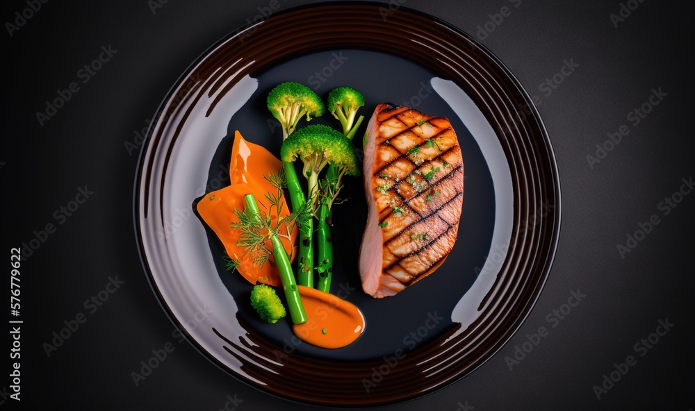  a plate of food with broccoli, meat and sauce on a black plate with a spoon and fork on the side of