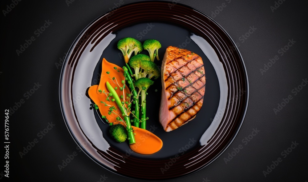  a plate of food with broccoli, meat and a spoon on it on a black surface with a black background wi