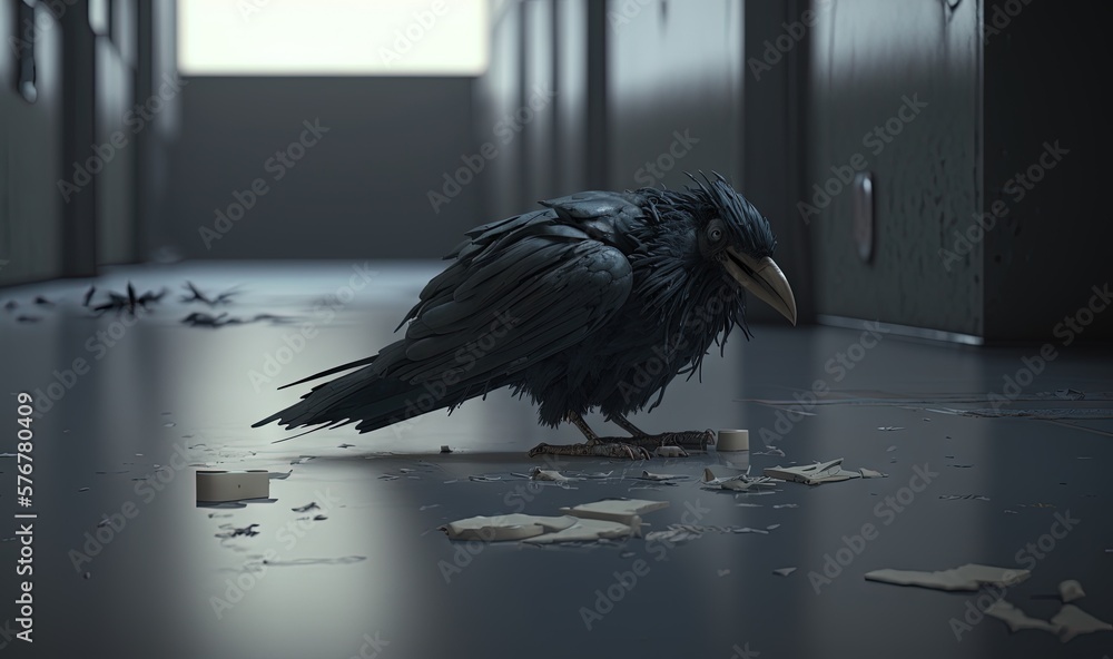  a black bird standing on a piece of wood in a room filled with lockers and broken glass on the floo