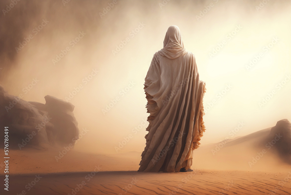 Man in white coat stand in a desert sands during the storm. Sand in a air, dusty mist. Generative AI