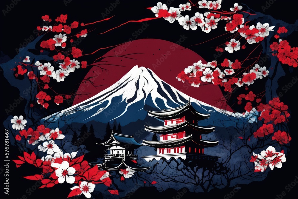 With Mount Fuji in the background, Himeji Castle is in full bloom in Japan. Generative AI