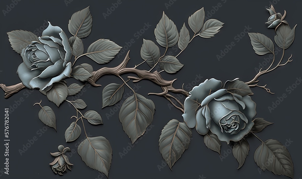  a drawing of a rose on a branch with leaves and buds on a black background with a gray background a