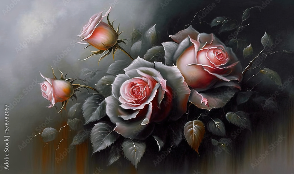  a painting of three pink roses on a gray and black background with a red stripe on the bottom of th
