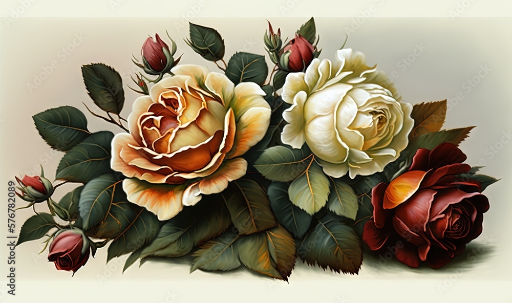  a painting of a bouquet of roses with leaves and buds on a beige background with a white border aro