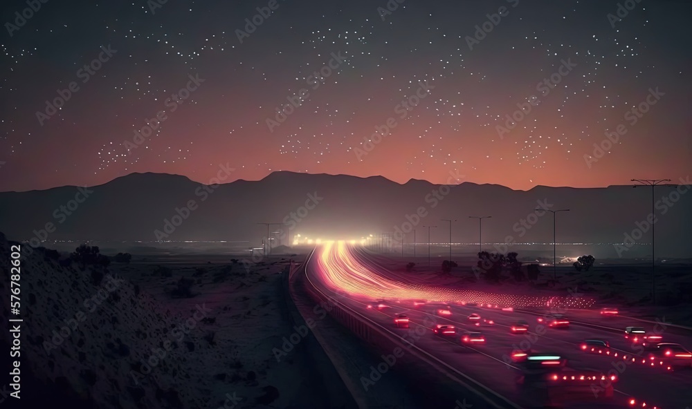  a night time picture of a highway with a lot of cars on it and a lot of stars in the sky above the 