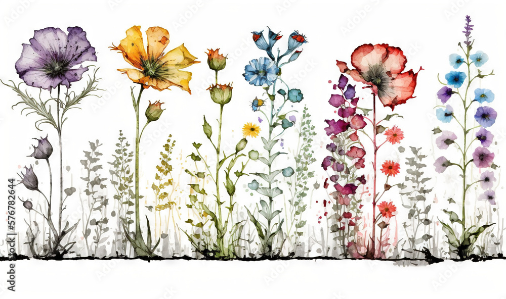  a watercolor painting of flowers in a row on a white background with a border of grass and wildflow