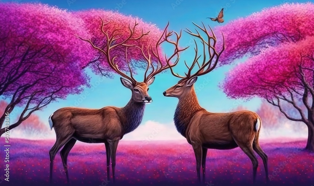  a painting of two deer standing in a field with purple trees and a bird flying by its side in the 