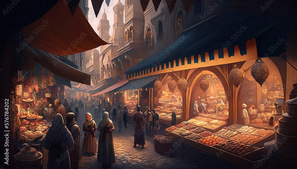 Illustration of eastern busy bazaar in the evening. Open shop and customers. Generative AI