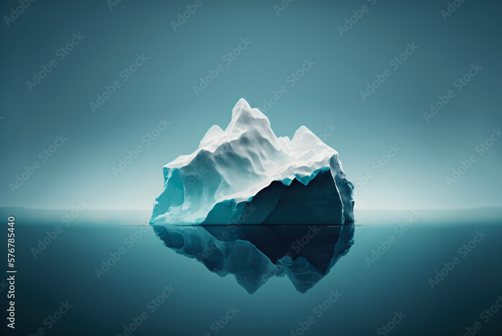 Submerged iceberg in a ocean. Splitwater image of white ice huge lump in water. Antarctic landscape.