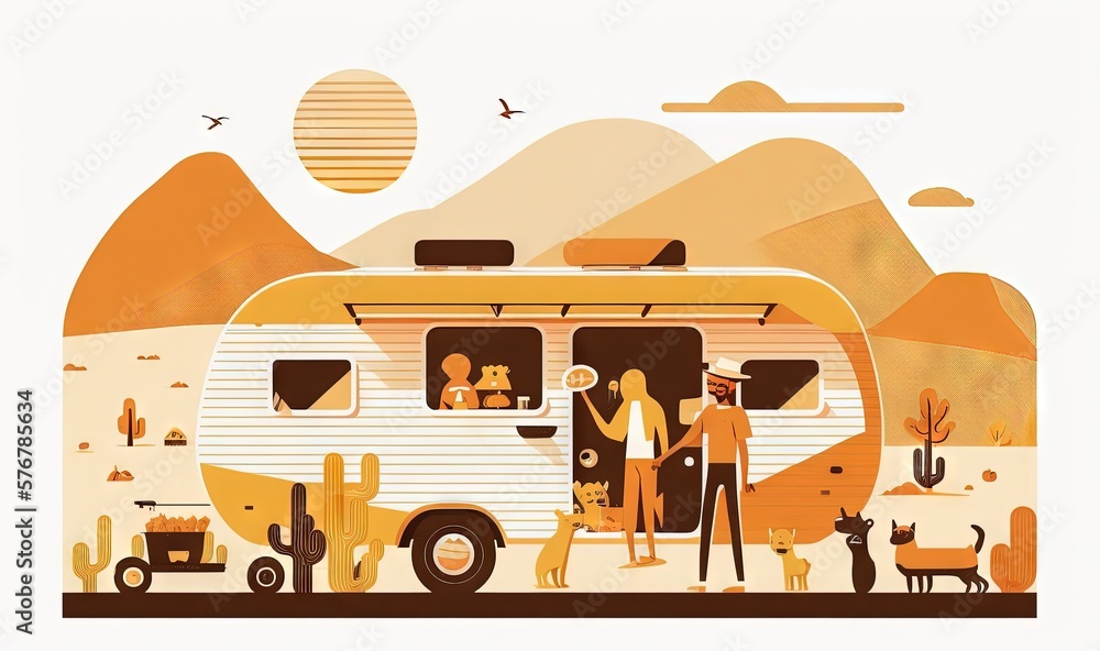  a couple and their dog are standing in front of a camper with a desert landscape in the background 