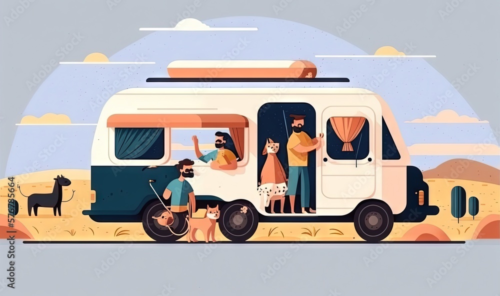  a man and a woman standing in front of a camper with a dog on a leash and a dog on a leash in front