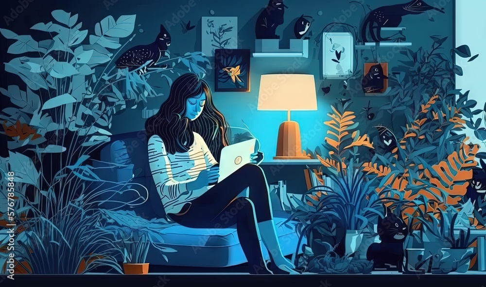  a woman sitting in a chair reading a book in a room with plants and a cat on the wall and a lamp on