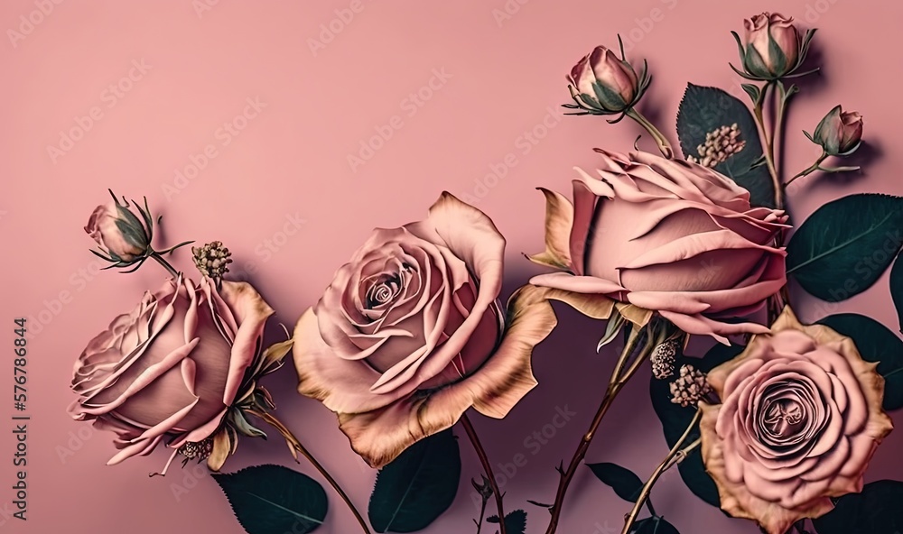  a group of pink roses on a pink background with leaves and buds on the stems and the petals on the 