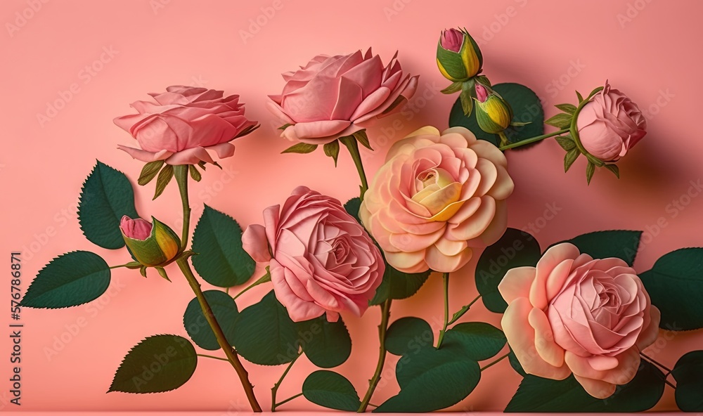 a group of pink roses on a pink background with green leaves and buds on the stems and on the stems