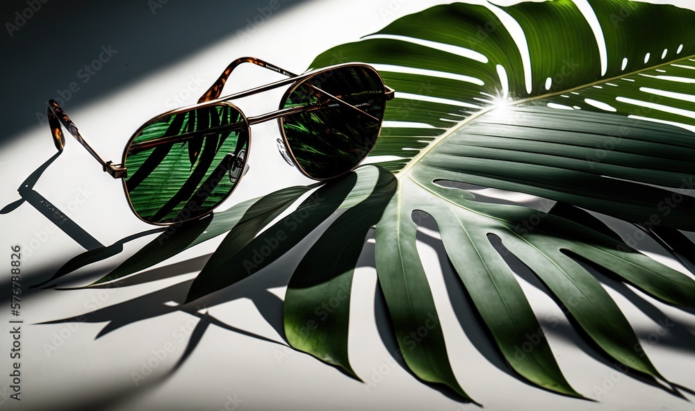  a pair of sunglasses sitting on top of a green leafy plant next to a shadow of a sunlit window on a