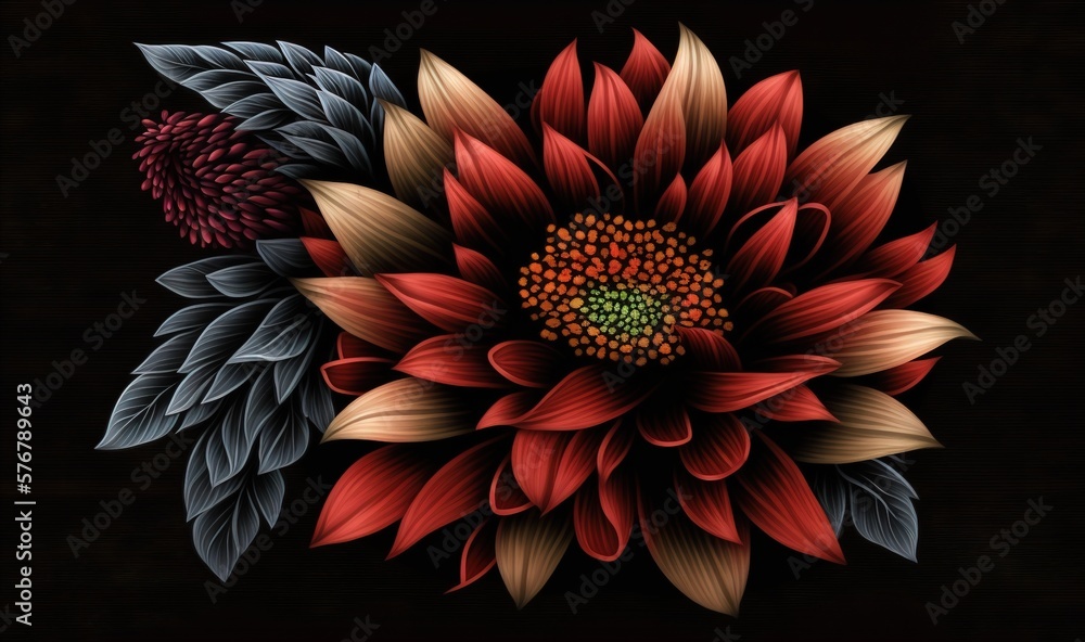  a red flower with green leaves on a black background with a black background and a black background