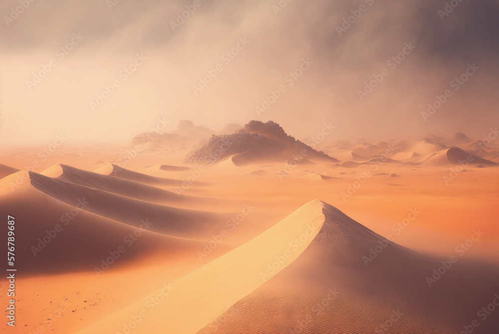 Desert sand landscape. Atmospheric scenic imaginary view. Clouds and sandstorm. Generative AI