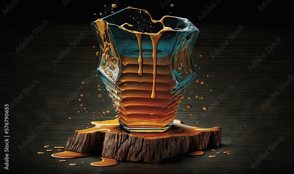  a glass with liquid pouring out of it on top of a tree stump with a black background and a black ba