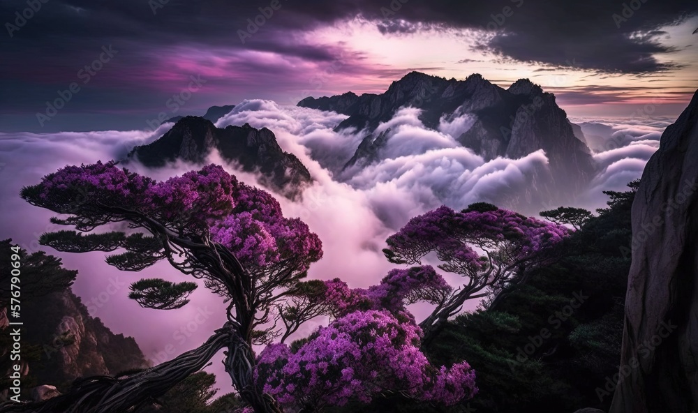  a mountain with purple flowers in the foreground and a cloudy sky in the background, with a pink an