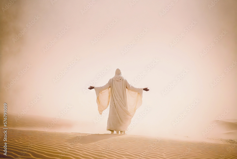 Man in coat stand in a desert sands during the storm, raising hands in praying gesture. Dusty mist. 
