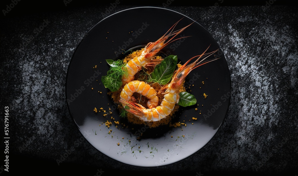  a plate of food with shrimp and greens on a black plate with a black table cloth and a black backgr