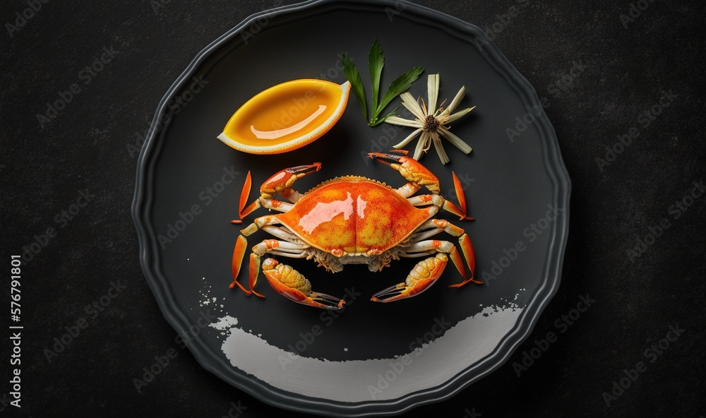  a plate with a crab, lemon, and spices on it, on a black tablecloth with a black edge and a white e