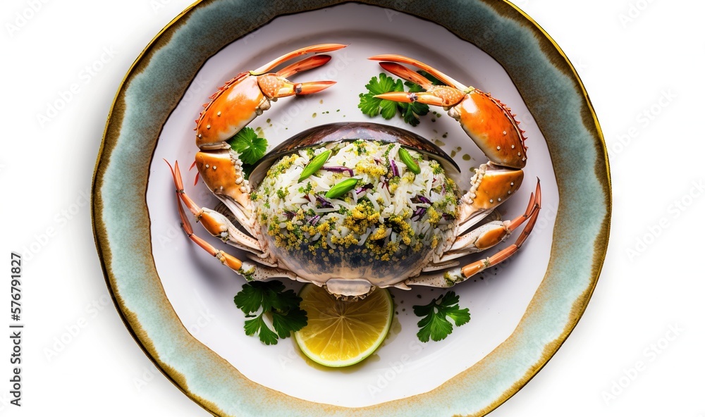  a plate with a crab and rice dish on it with a lemon wedge and parsley on the side of the plate and