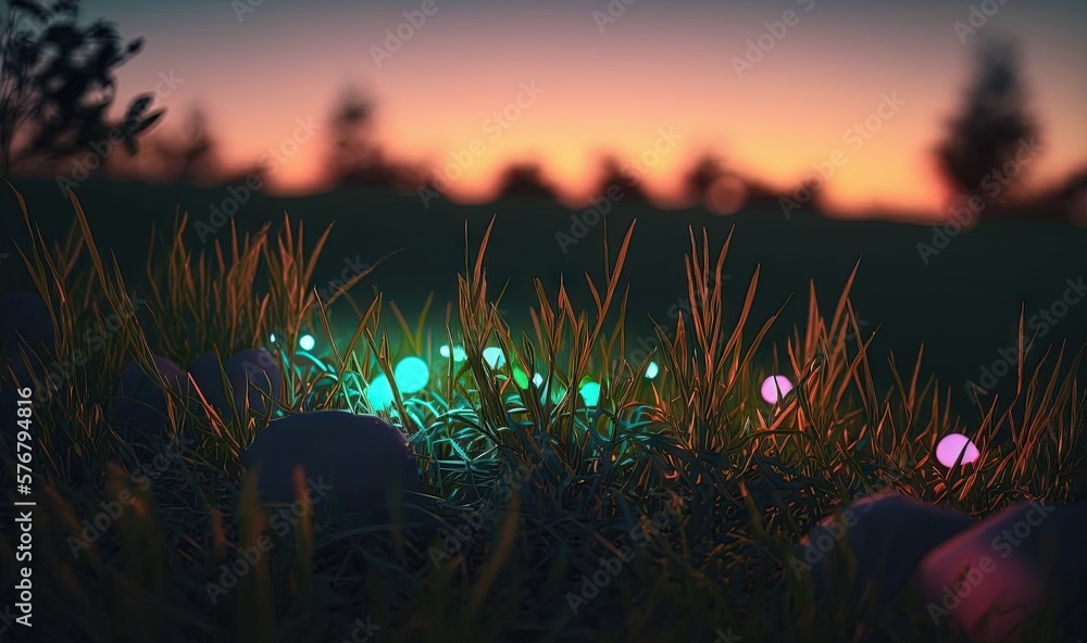  a group of glowing eggs in the grass at night with a sunset in the background and trees in the fore