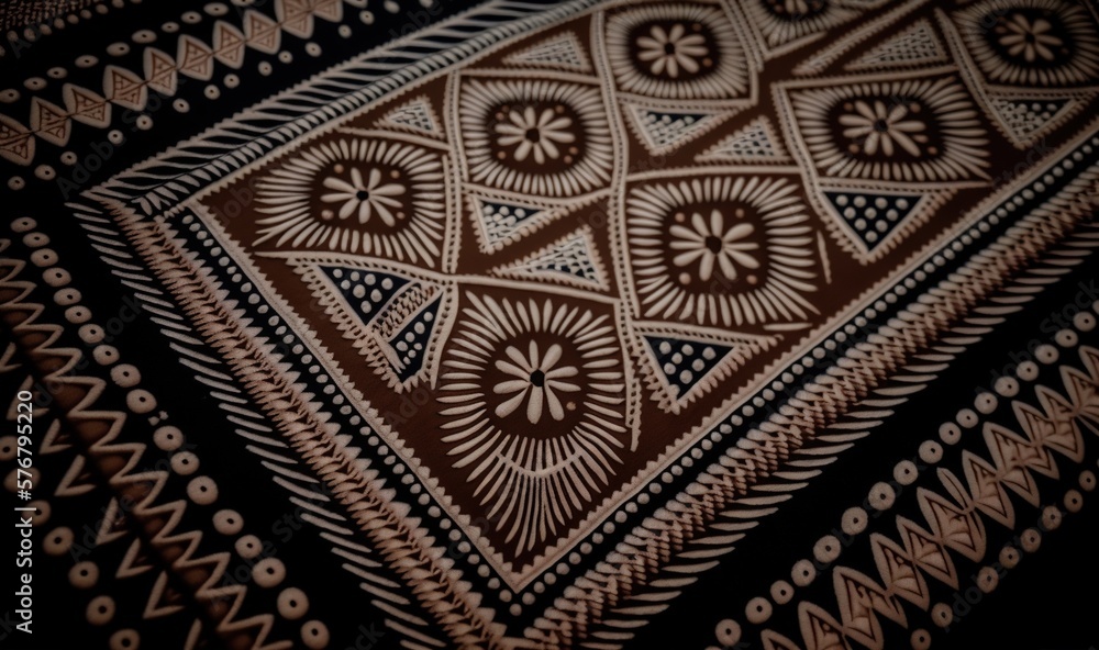  a close up of a brown and white blanket with a design on its side and a brown and white design on 