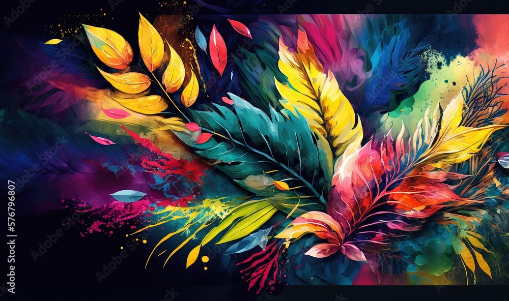  a painting of colorful feathers on a black background with a black background and a black backgroun