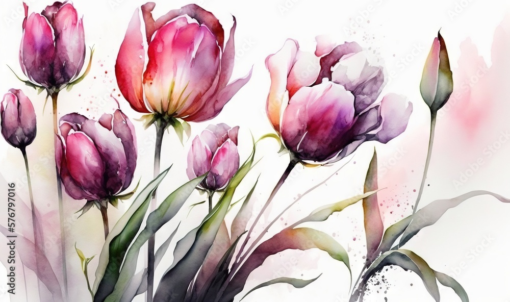  a watercolor painting of pink tulips on a white background with a splash of watercolor on the botto