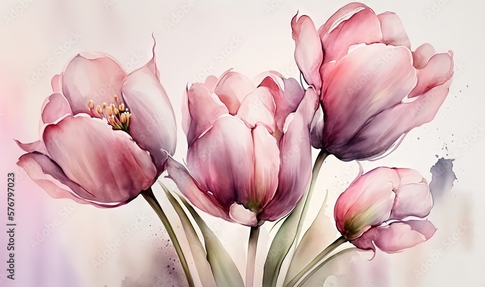  a painting of pink tulips on a white background with watercolors on paper with a spray of watercolo