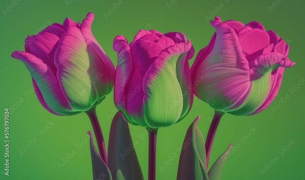  three pink tulips are in a vase on a green background with a green backgrounnd and a green backgrou
