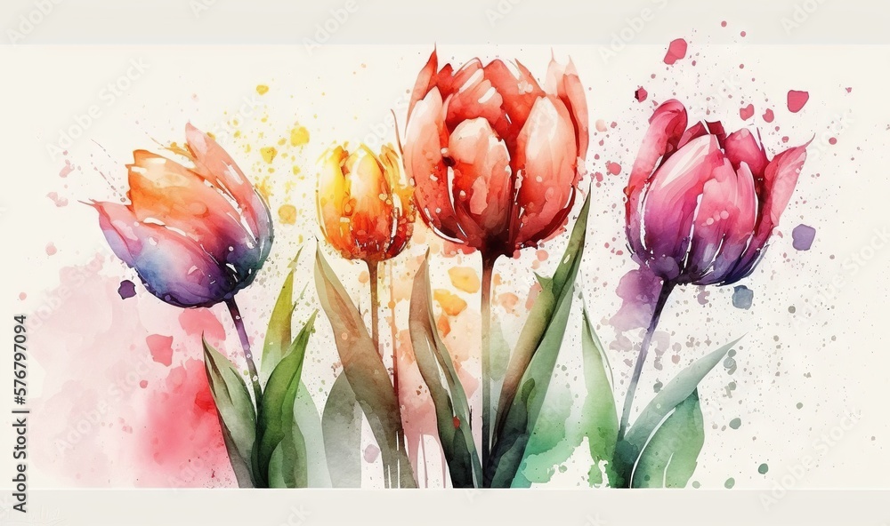  a watercolor painting of three tulips with a splash of paint on the back of the image and a splash 