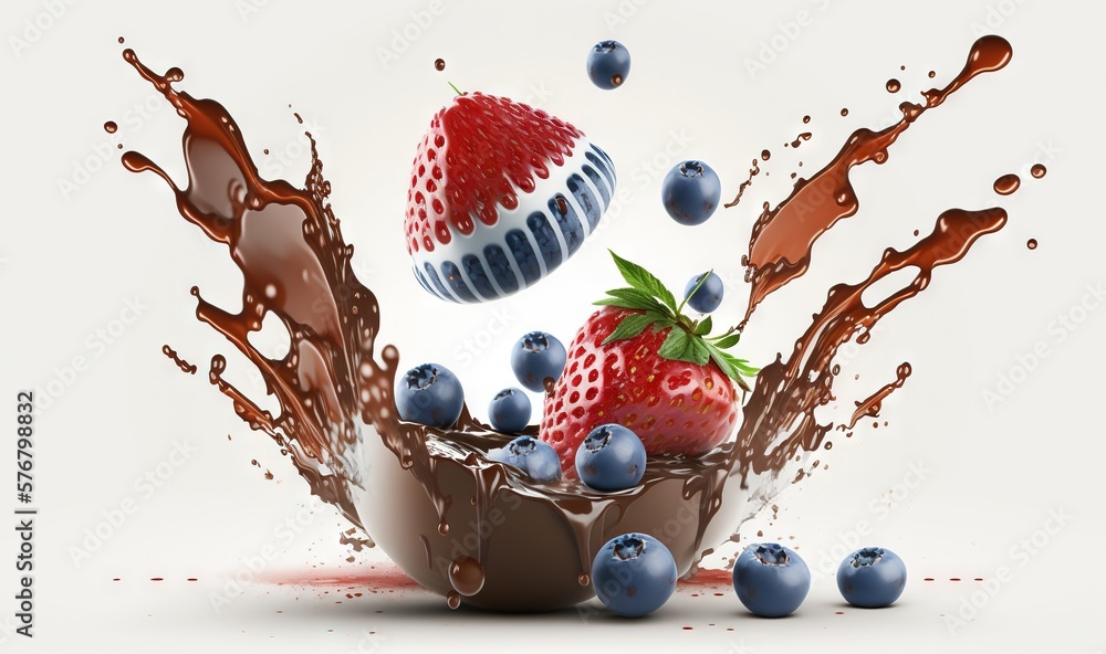  a chocolate pudding with strawberries and blueberries splashing out of the chocolate pudding, with 