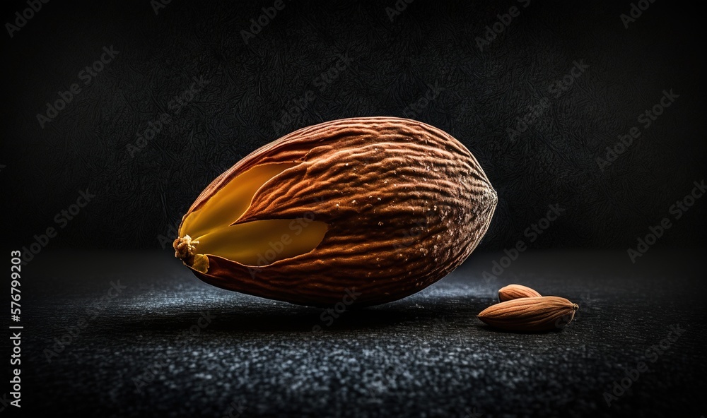  a peeled almond with a piece of fruit in the middle of the peel and a whole almond on the side of t