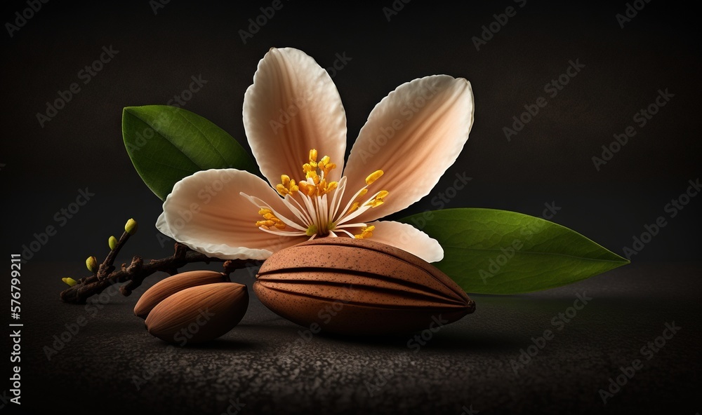  a flower and some nuts on a black surface with a black background and a black background with a whi