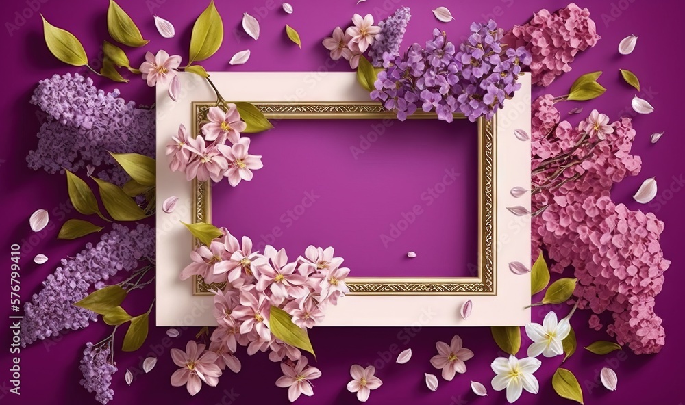  a picture frame with flowers on a purple background with a place for the text in the center of the 