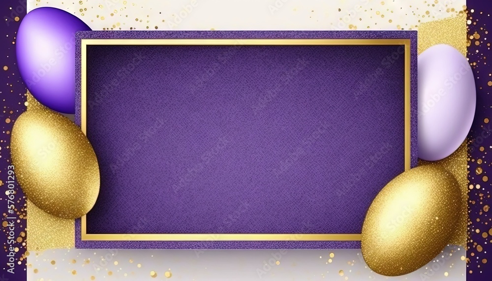  a purple and gold background with balloons and a square frame for a photo or text on it with a gold