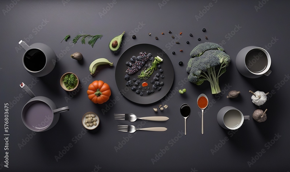  a plate of broccoli, carrots, cauliflower, avocado, and other foodstuffs on a table.  generative ai