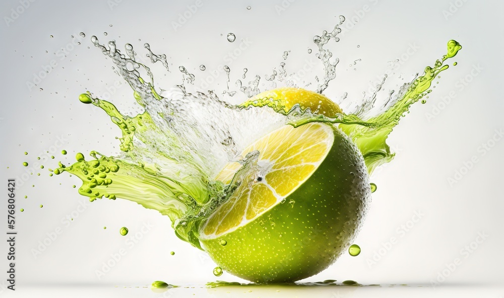  a lime with a splash of water on it and a slice of lime in the middle of the image with a splash of