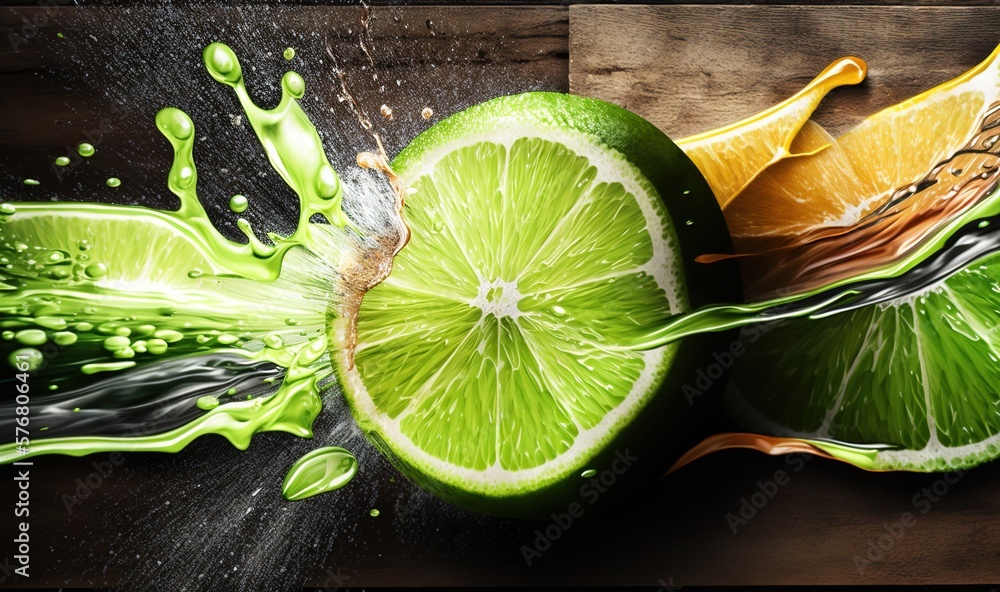  a sliced lime with a splash of water on it and a slice of lime on the other side of the image with 
