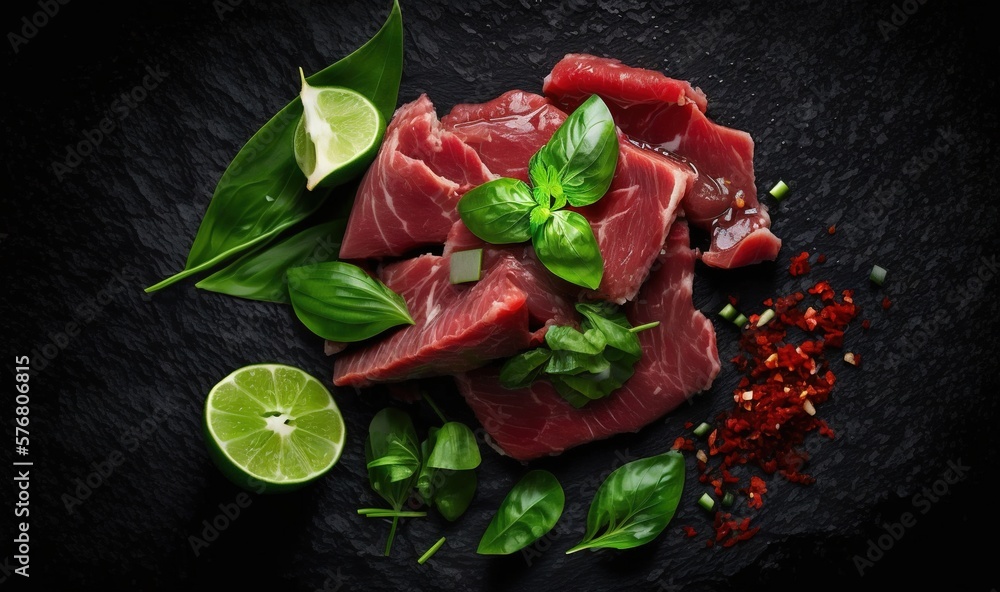  raw meat with herbs and limes on a black surface with a green leafy garnish on top of the raw meat 