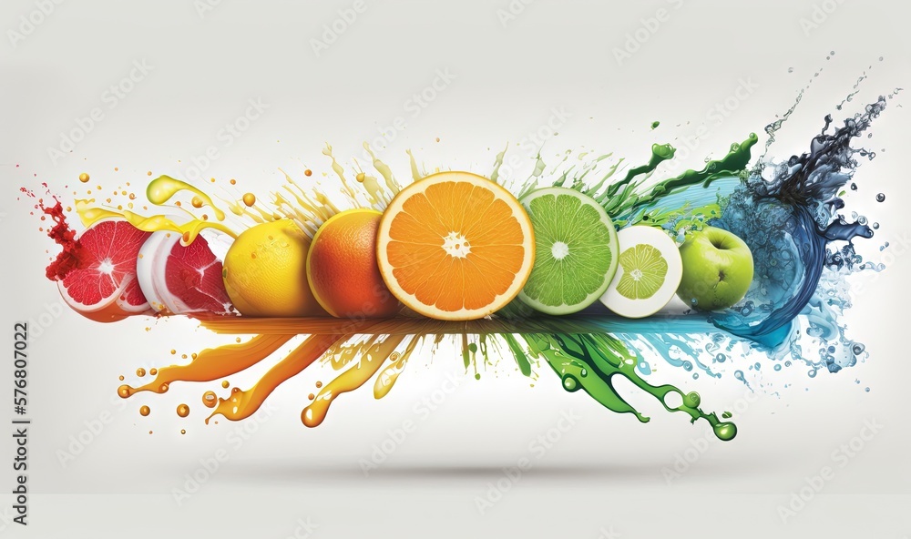  a group of fruit with splashing paint on its sides and on top of its sides are oranges, lemons, l
