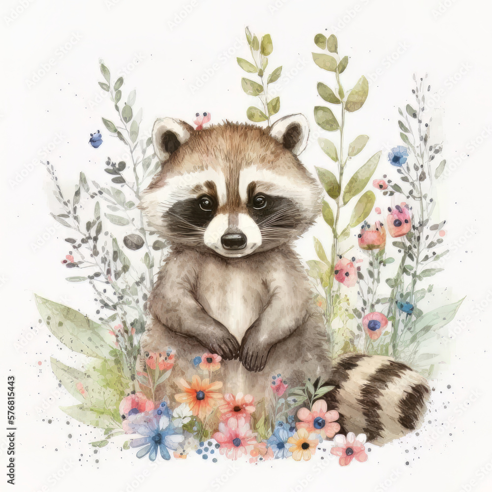 Watercolor forest cartoon isolated cute baby raccoon animal. Illustration AI Generative